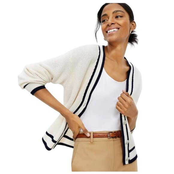 LOFT  V-Neck Cardigan blue and white maritime NWT cotton - Picture 1 of 5